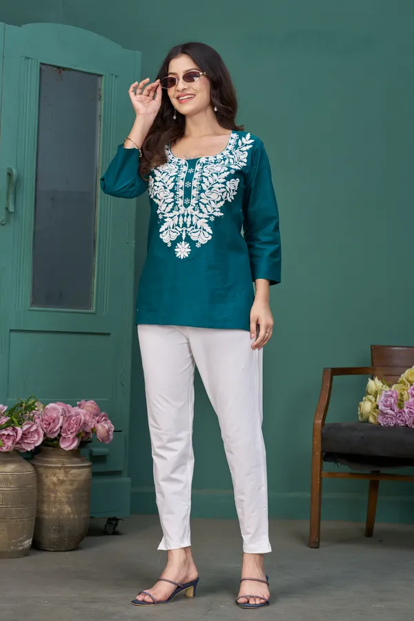 FADROX_Teal_Embroidered_Cambric_Cotton_Straight_Kurti_Top_for_Women