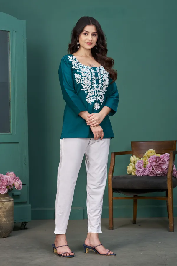 FADROX_Teal_Embroidered_Cambric_Cotton_Straight_Kurti_Top_for_Women