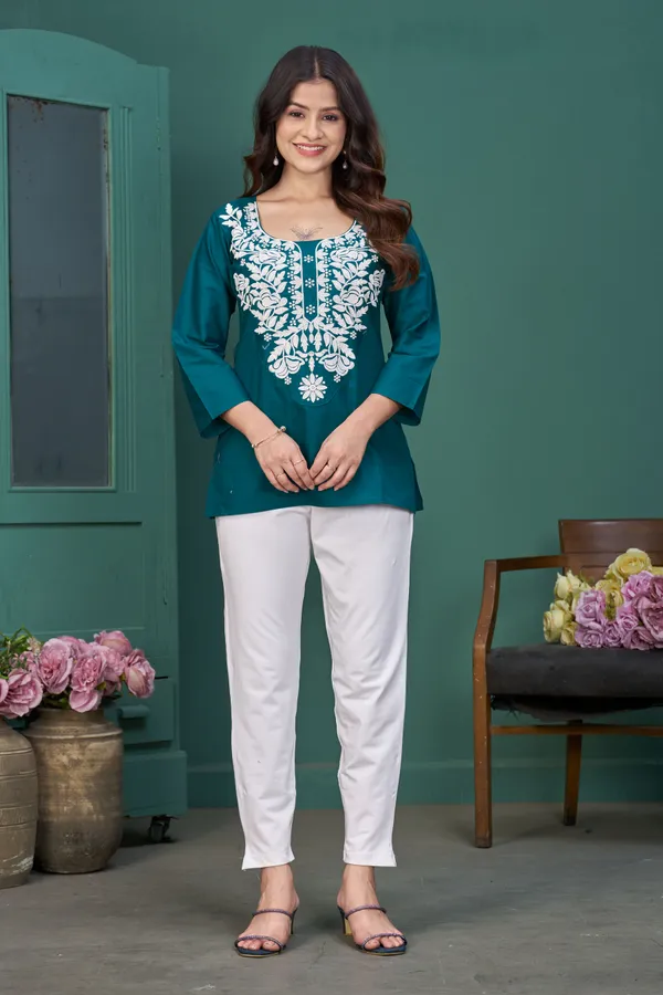 FADROX_Teal_Embroidered_Cambric_Cotton_Straight_Kurti_Top_for_Women