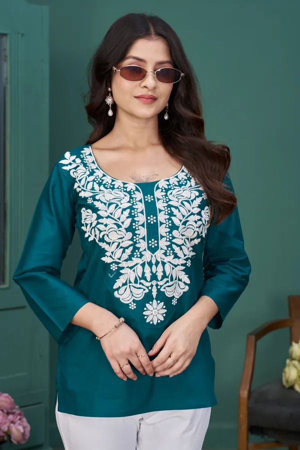 FADROX_Teal_Embroidered_Cambric_Cotton_Straight_Kurti_Top_for_Women