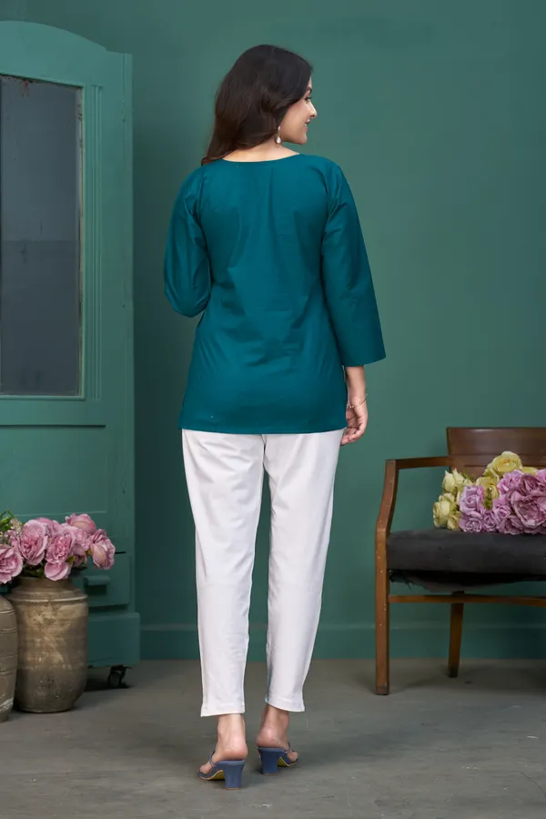 FADROX_Teal_Embroidered_Cambric_Cotton_Straight_Kurti_Top_for_Women