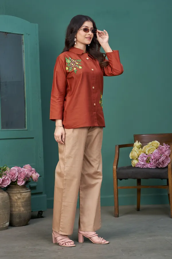 Rust_Red_Dhabu_Cotton_Co-ord_Set_For_Women