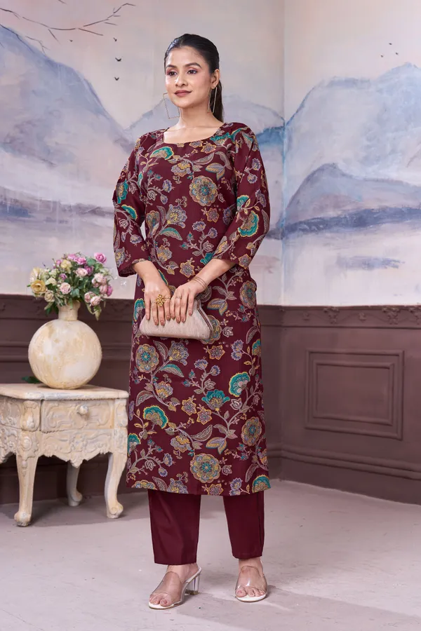 FADROX_Maroon_Floral_Printed_Kurta_with_Pant_Set_for_Women_|_Elegant_Daily_Wear_Kurta_Set