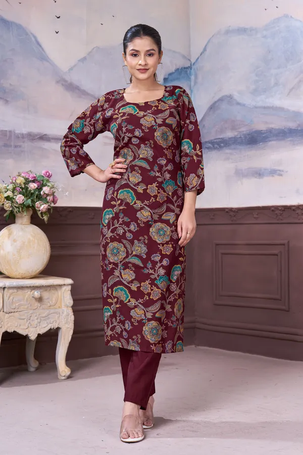 FADROX_Maroon_Floral_Printed_Kurta_with_Pant_Set_for_Women_|_Elegant_Daily_Wear_Kurta_Set