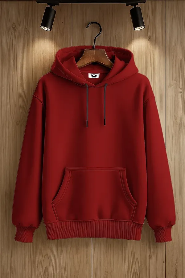 Maroon_Solid_Fleece_Full_Sleeve_Hooded_Neck_Sweatshirt_For_Men