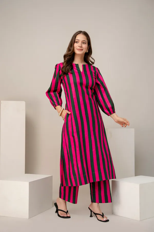 Pink_Green_Striped_Cotton_Puff_Sleeve_Kurta_for_Women