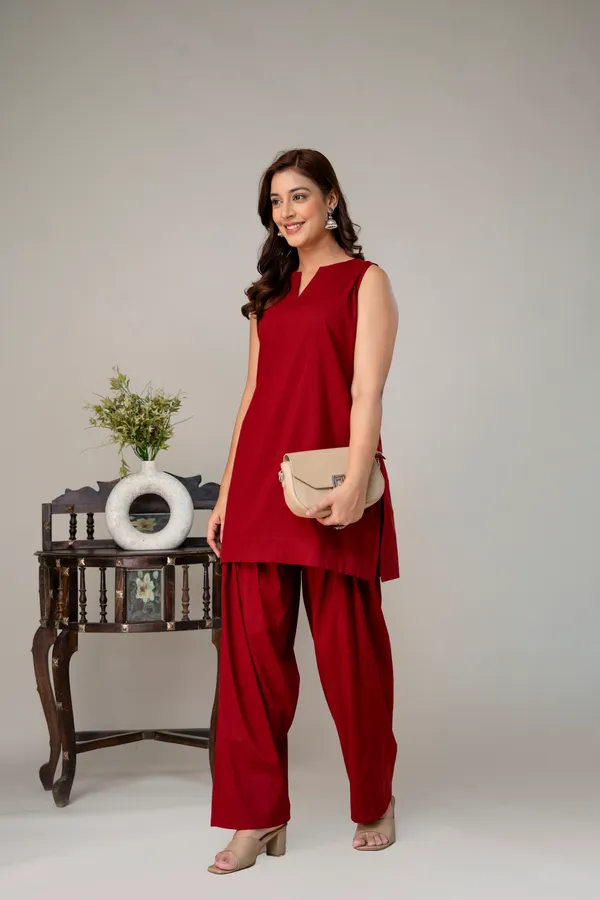 Dark_Red_Pure_Cotton_Premium_Coord_Set_Farsi_For_Women