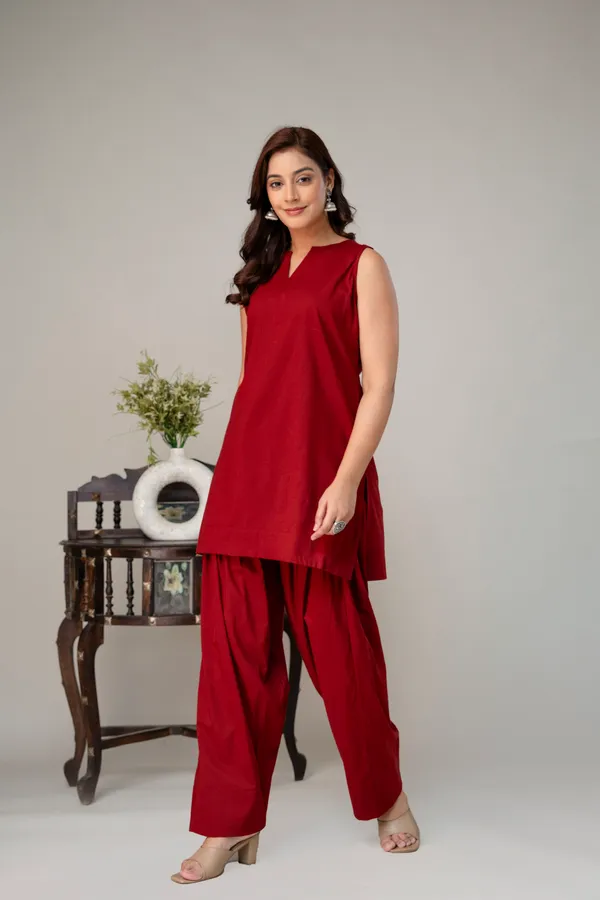 Dark_Red_Pure_Cotton_Premium_Coord_Set_Farsi_For_Women