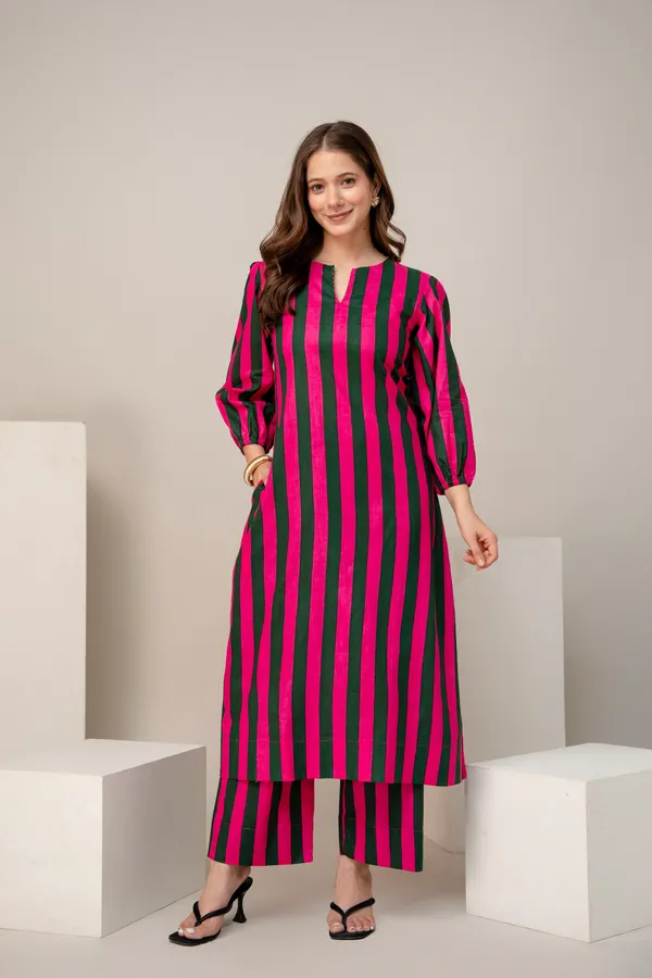 Pink_Green_Striped_Cotton_Puff_Sleeve_Kurta_for_Women