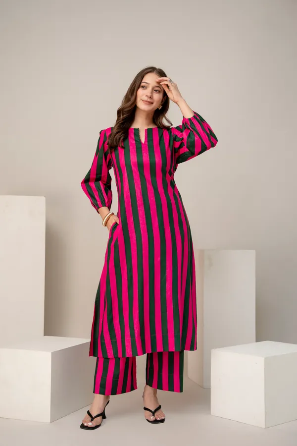 Pink_Green_Striped_Cotton_Puff_Sleeve_Kurta_for_Women