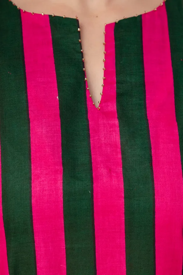 Pink_Green_Striped_Cotton_Puff_Sleeve_Kurta_for_Women
