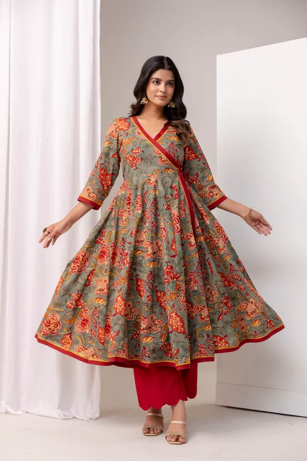 Grey_And_Red_Pure_Cotton_Premium_Angarkha_Set_For_Women