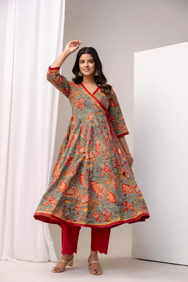 Grey_And_Red_Pure_Cotton_Premium_Angarkha_Set_For_Women