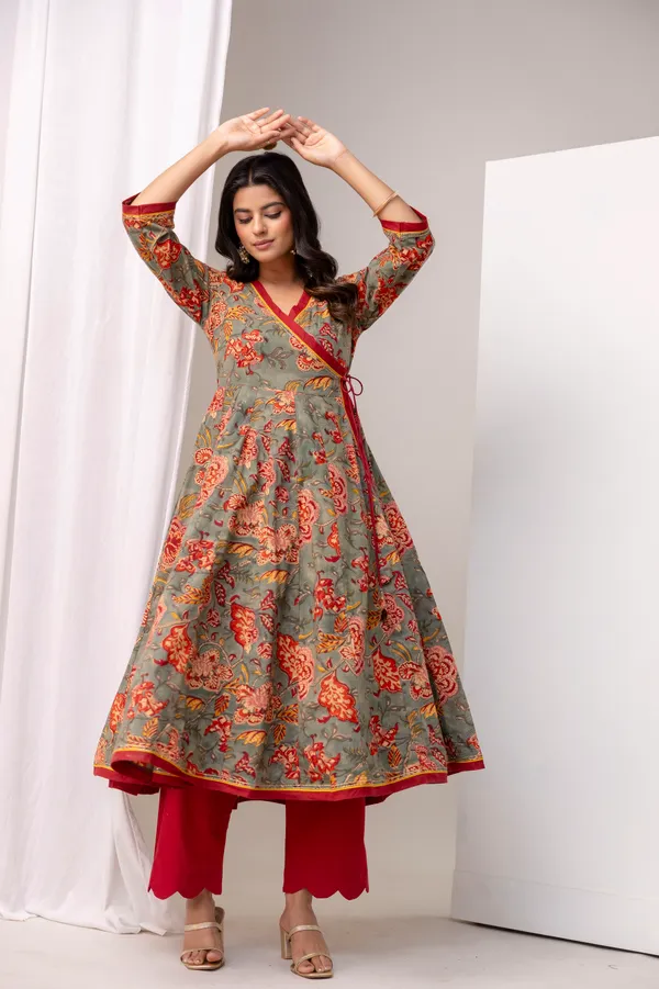 Grey_And_Red_Pure_Cotton_Premium_Angarkha_Set_For_Women