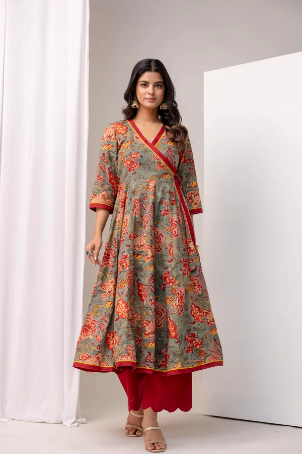 Grey_And_Red_Pure_Cotton_Premium_Angarkha_Set_For_Women