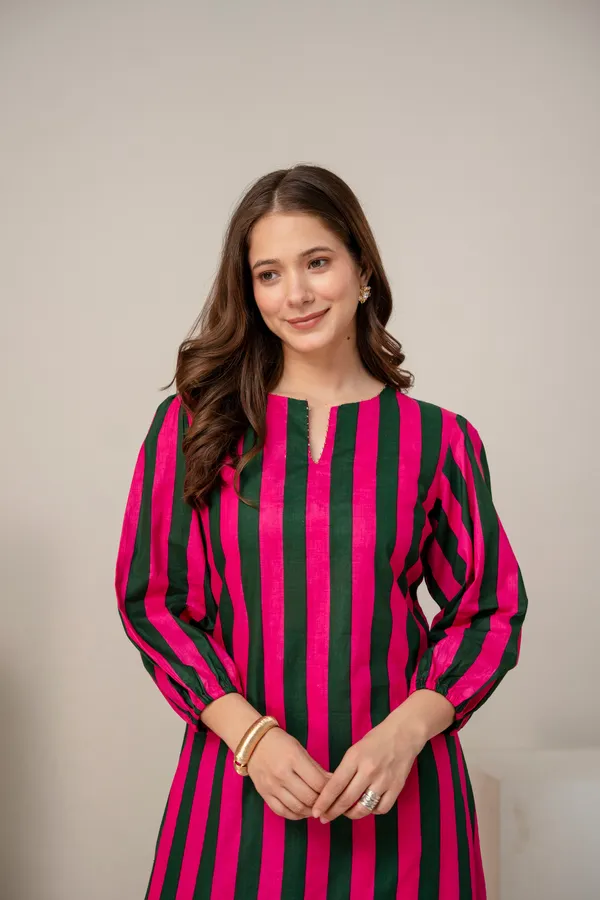 Pink_Green_Striped_Cotton_Puff_Sleeve_Kurta_for_Women