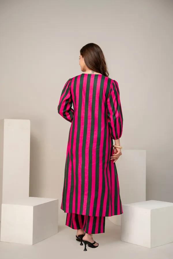 Pink_Green_Striped_Cotton_Puff_Sleeve_Kurta_for_Women