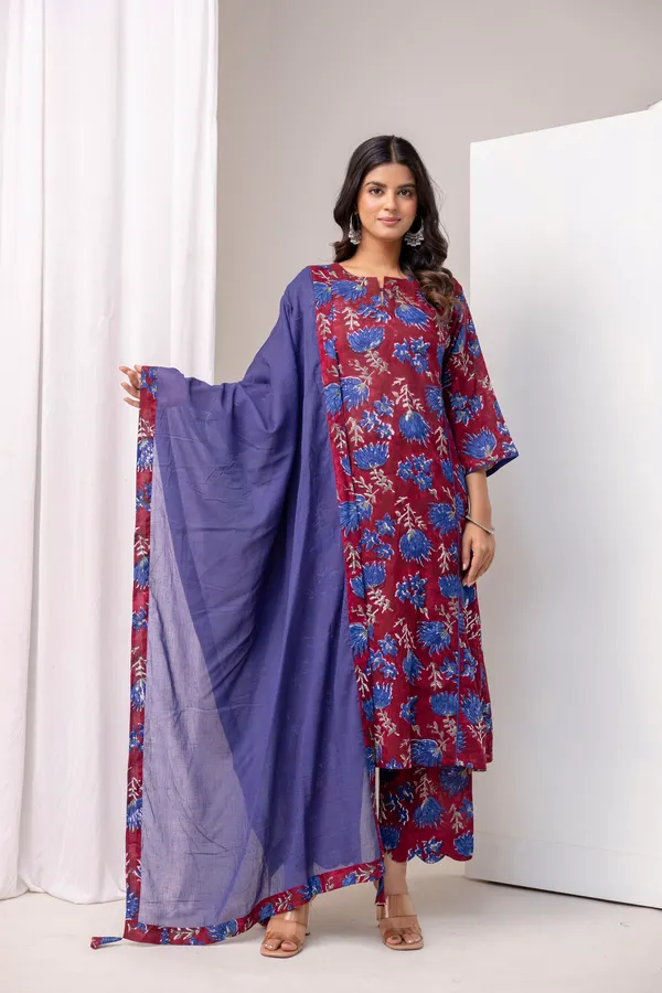 Red_And_Blue_Pure_Cotton_Premium_A_Line_Suit_With_Dupatta_For_Women