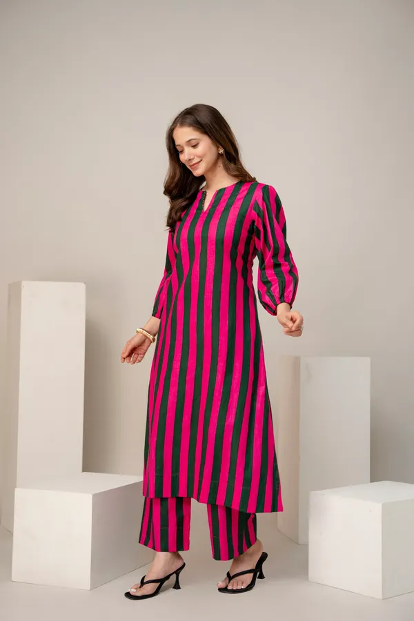 Pink_Green_Striped_Cotton_Puff_Sleeve_Kurta_for_Women