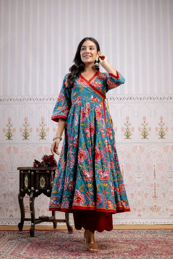 Blue_And_Red_Pure_Cotton_Premium_Angarkha_Set_For_Women