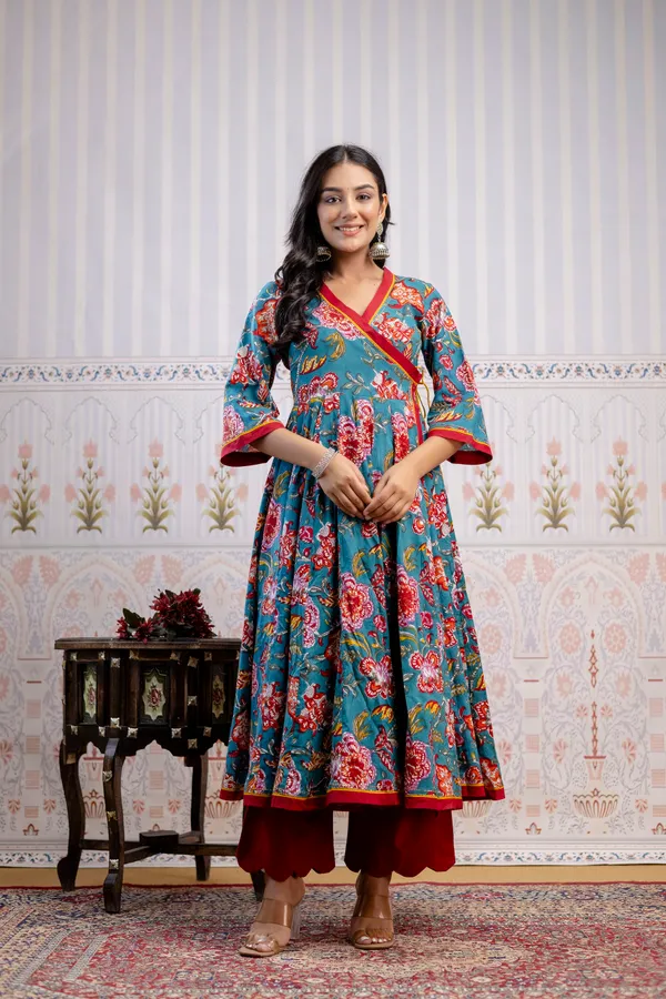 Blue_And_Red_Pure_Cotton_Premium_Angarkha_Set_For_Women