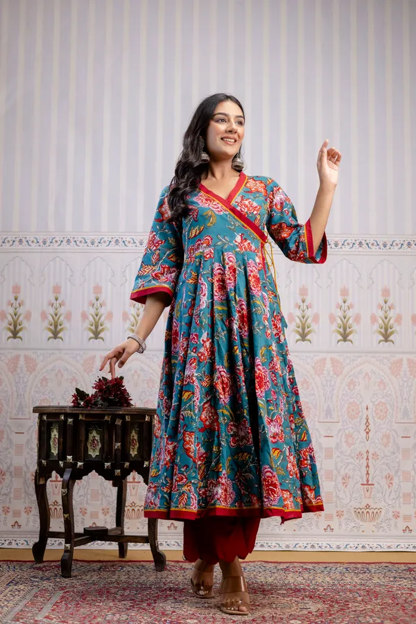 Blue_And_Red_Pure_Cotton_Premium_Angarkha_Set_For_Women
