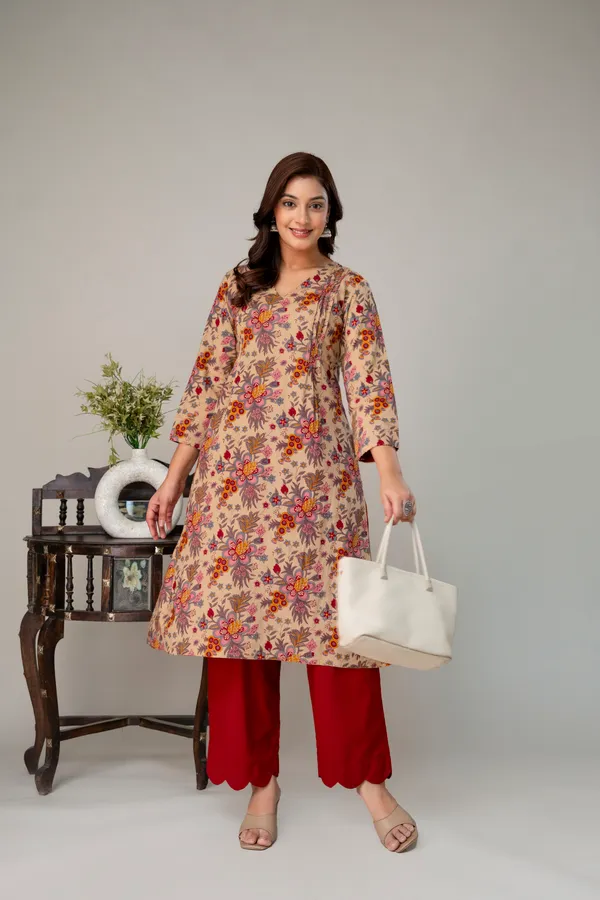 Beige_And_Red_Pure_Cotton_Premium_Coord_Set_For_Women