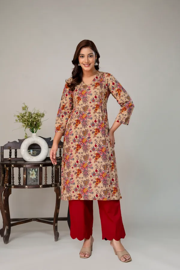 Beige_And_Red_Pure_Cotton_Premium_Coord_Set_For_Women