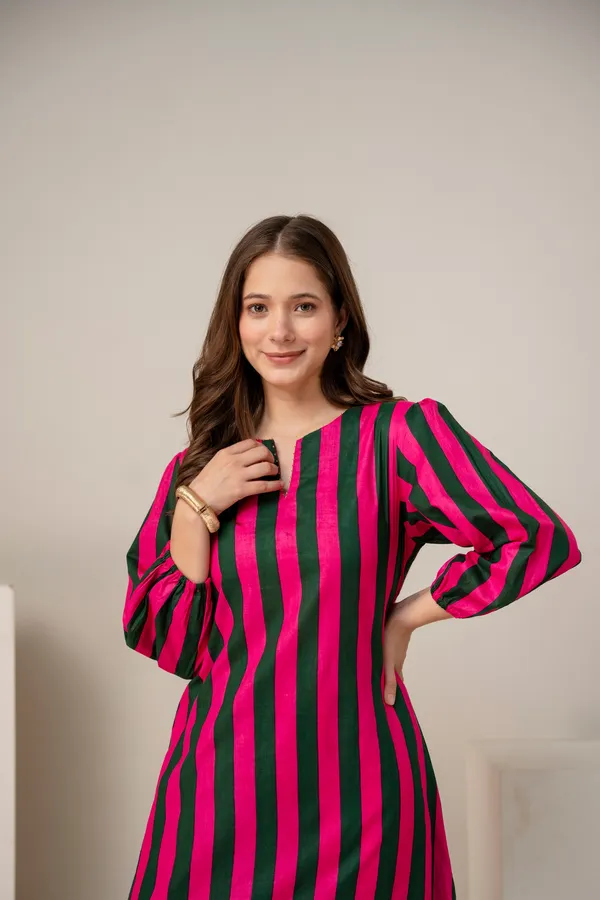 Pink_Green_Striped_Cotton_Puff_Sleeve_Kurta_for_Women