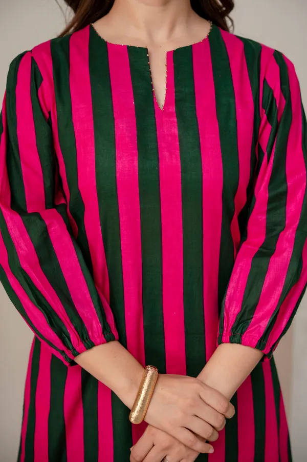 Pink_Green_Striped_Cotton_Puff_Sleeve_Kurta_for_Women