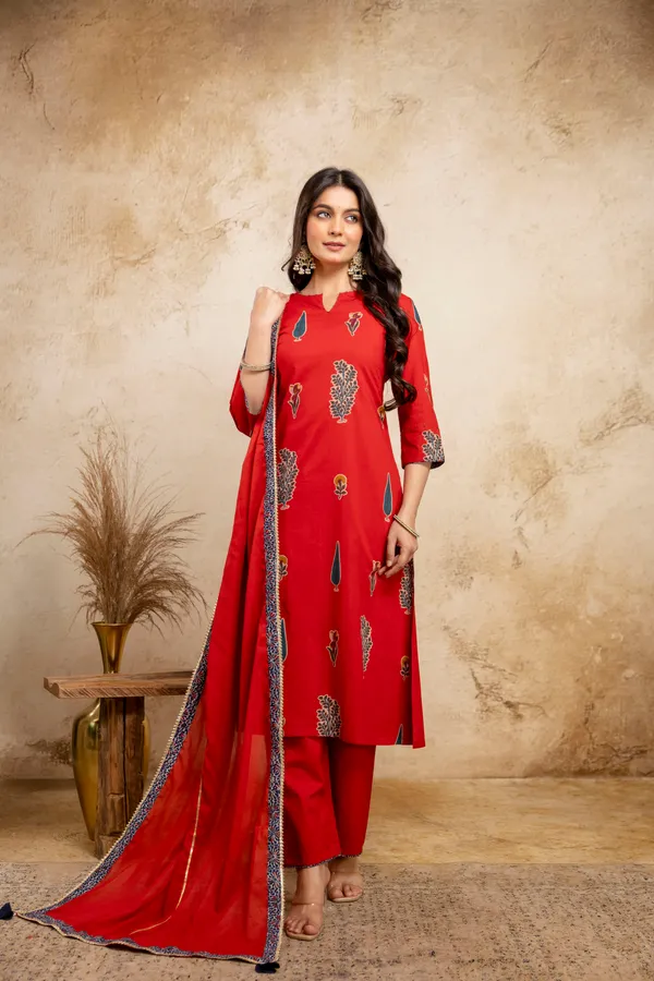 Red_Pure_Cotton_Premium_A_Line_Suit_Without_Dupatta_For_Women