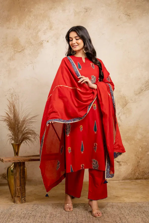 Red_Pure_Cotton_Premium_A_Line_Suit_Without_Dupatta_For_Women