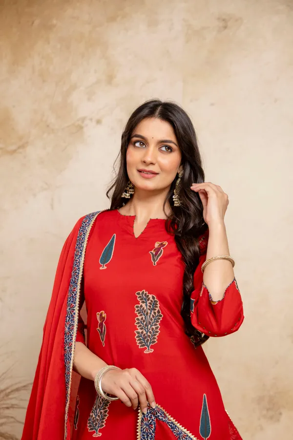 Red_Pure_Cotton_Premium_A_Line_Suit_Without_Dupatta_For_Women