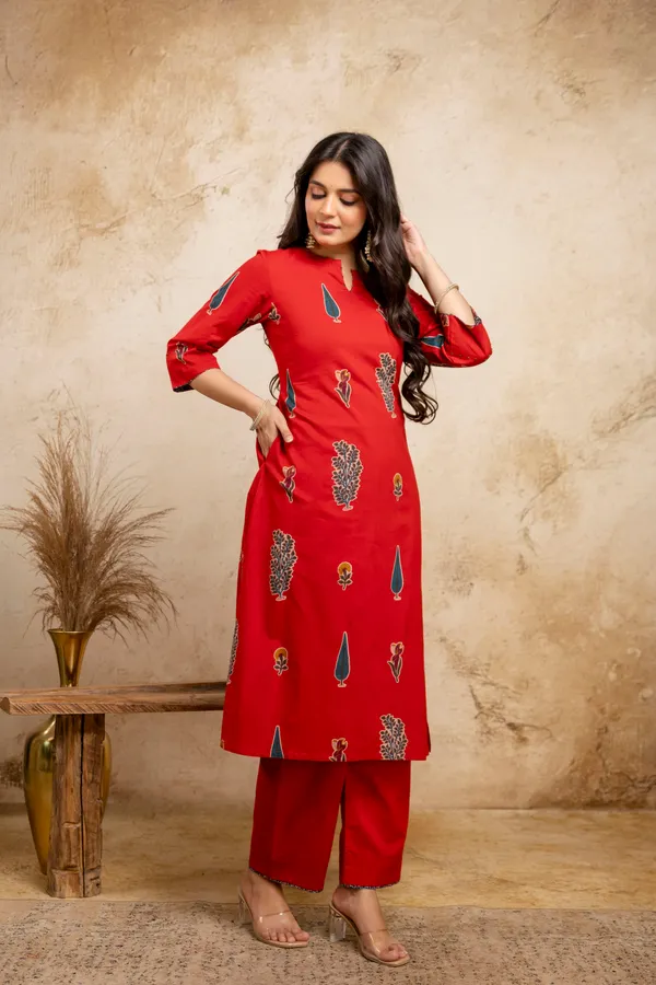 Red_Pure_Cotton_Premium_A_Line_Suit_Without_Dupatta_For_Women