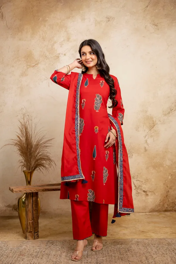 Red_Pure_Cotton_Premium_A_Line_Suit_Without_Dupatta_For_Women