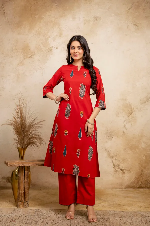 Red_Pure_Cotton_Premium_A_Line_Suit_With_Dupatta_For_Women