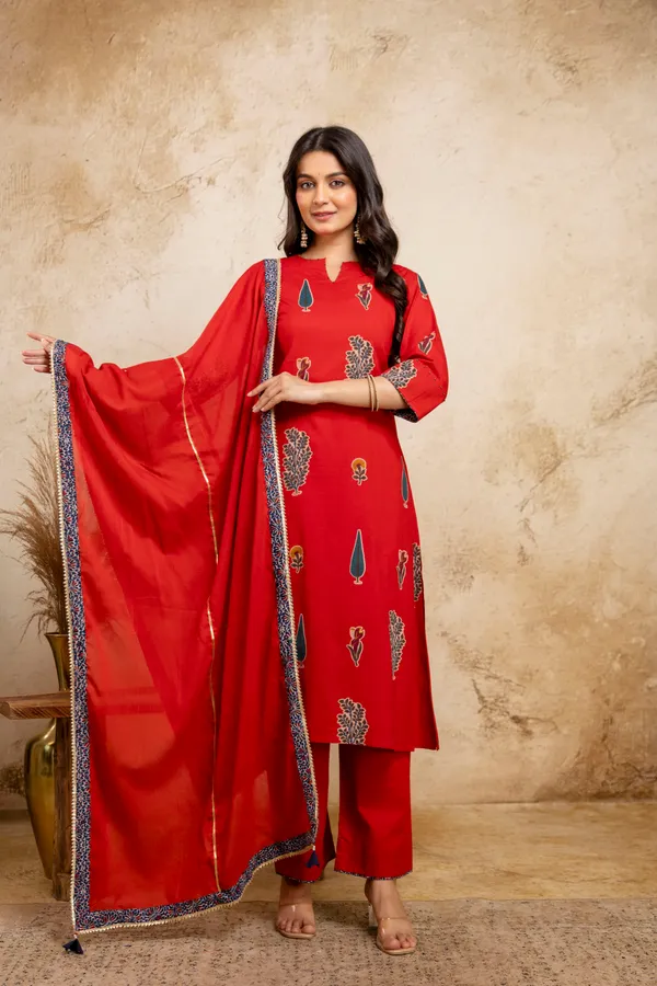 Red_Pure_Cotton_Premium_A_Line_Suit_With_Dupatta_For_Women