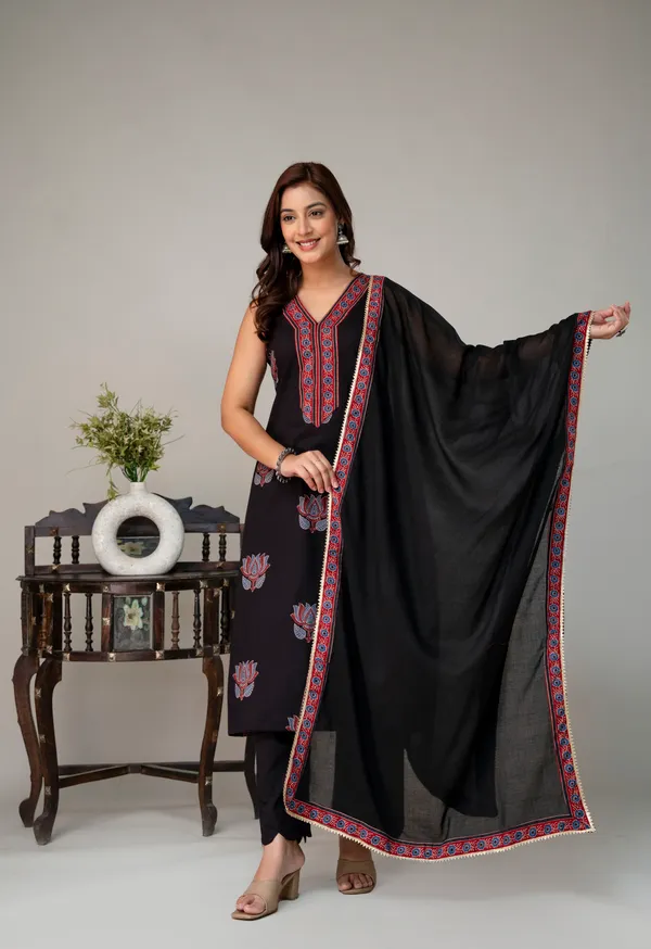 Black_Pure_Cotton_Premium_Straight_Suit_Without_Dupatta_For_Women