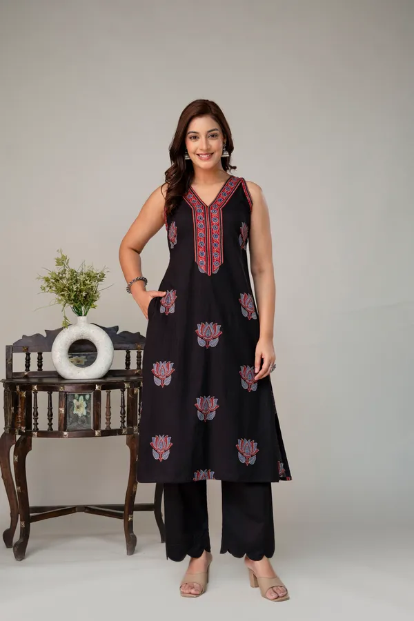 Black_Pure_Cotton_Premium_Straight_Suit_Without_Dupatta_For_Women