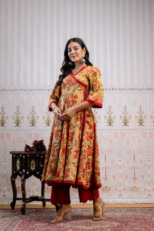 Beige_And_Red_Pure_Cotton_Premium_Angarkha_Set_For_Women