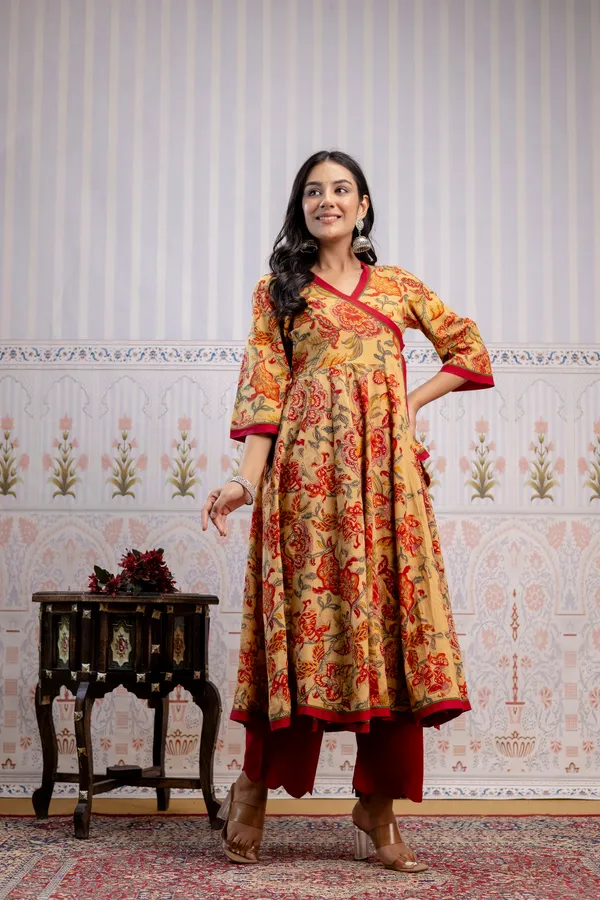 Beige_And_Red_Pure_Cotton_Premium_Angarkha_Set_For_Women