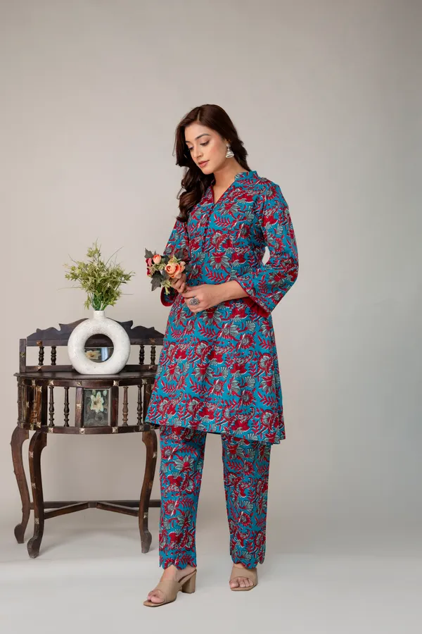 Blue_And_Red_Pure_Cotton_Premium_Coord_Set_For_Women
