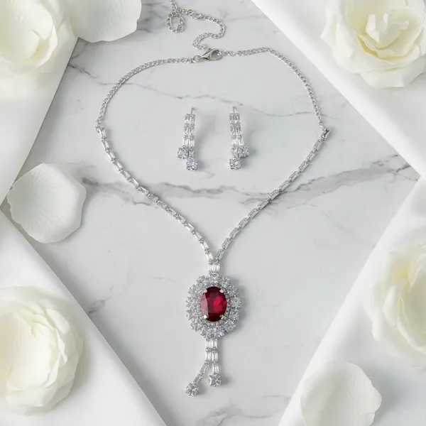 Silver_Tone_Red_Stone_Necklace_And_Earring_Set_For_Women