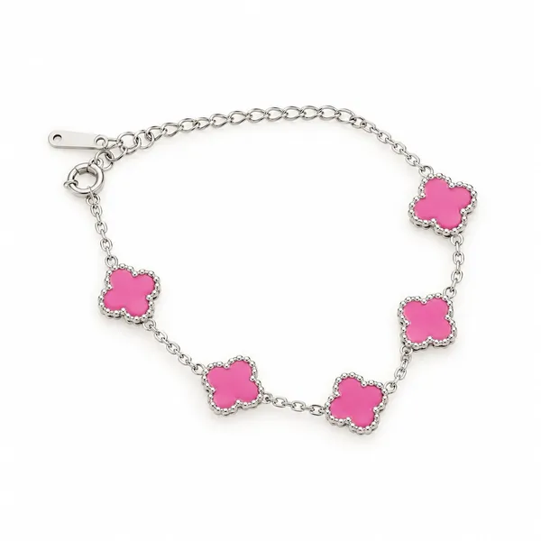 Silver_Pink_Enamel_Clover_Charm_Bracelet_For_Women