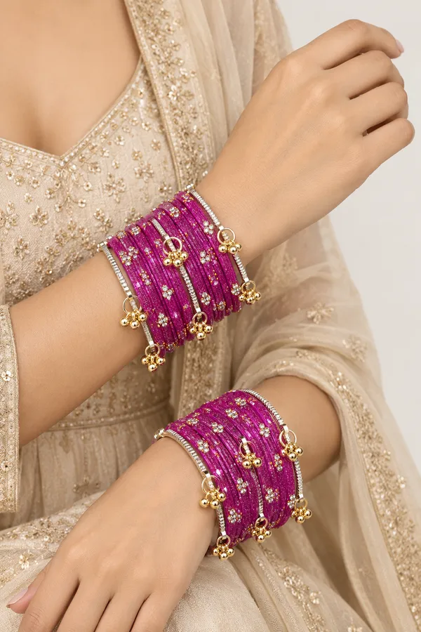 Magenta_Raindrop_Glass_Bangles_with_Kashmir_Golden_Bangles