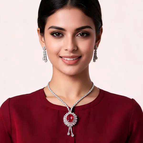 Silver_Tone_Red_Stone_Necklace_And_Earring_Set_For_Women