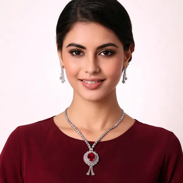Silver_Tone_Red_Stone_Necklace_And_Earring_Set_For_Women