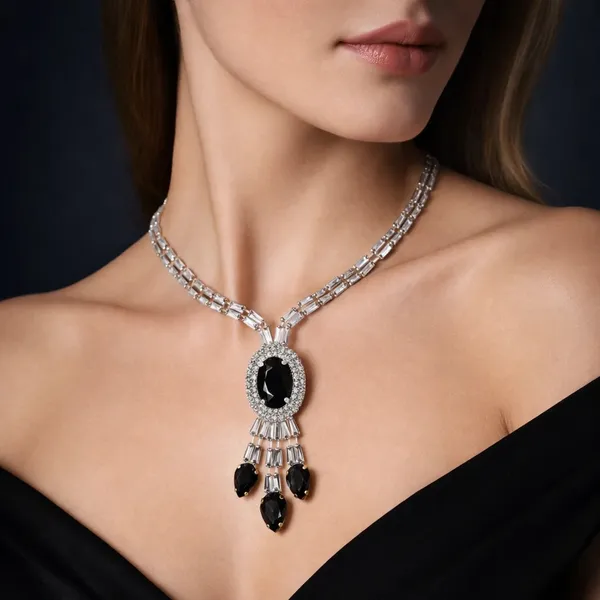 Silver_Tone_Black_Stone_Necklace_Set_For_Women
