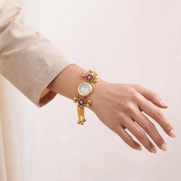 Gold_Stainless_Steel_Floral_Bracelet_Watch_For_Women