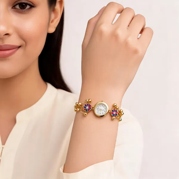 Gold_Stainless_Steel_Floral_Bracelet_Watch_For_Women